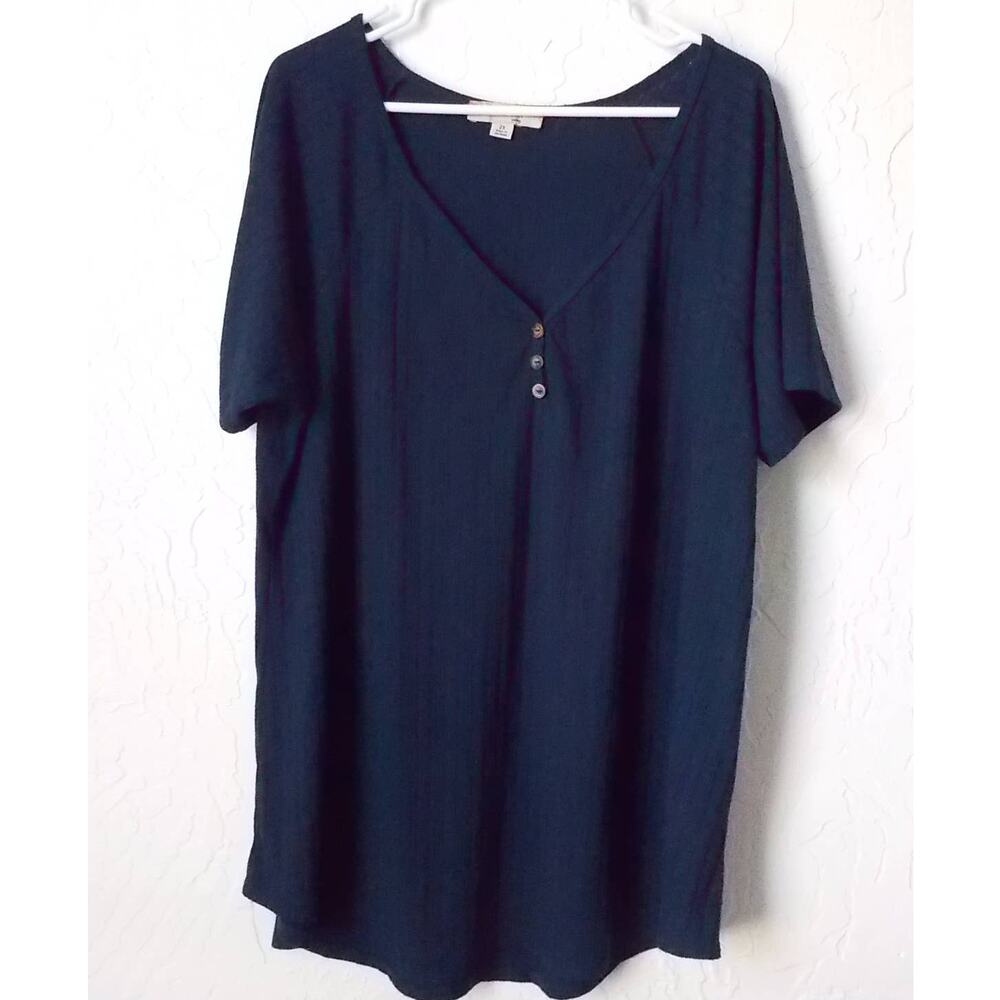 Misia Women size 2X Blue Knit Top Blouse V-Neck 3 Buttons Henley Short Sleeves